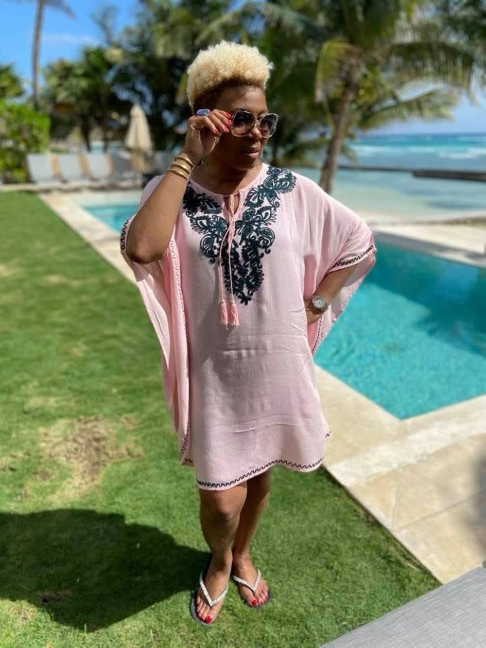 Pink Embroidered Kaftan Swim Cover-Up with Tassel Tie